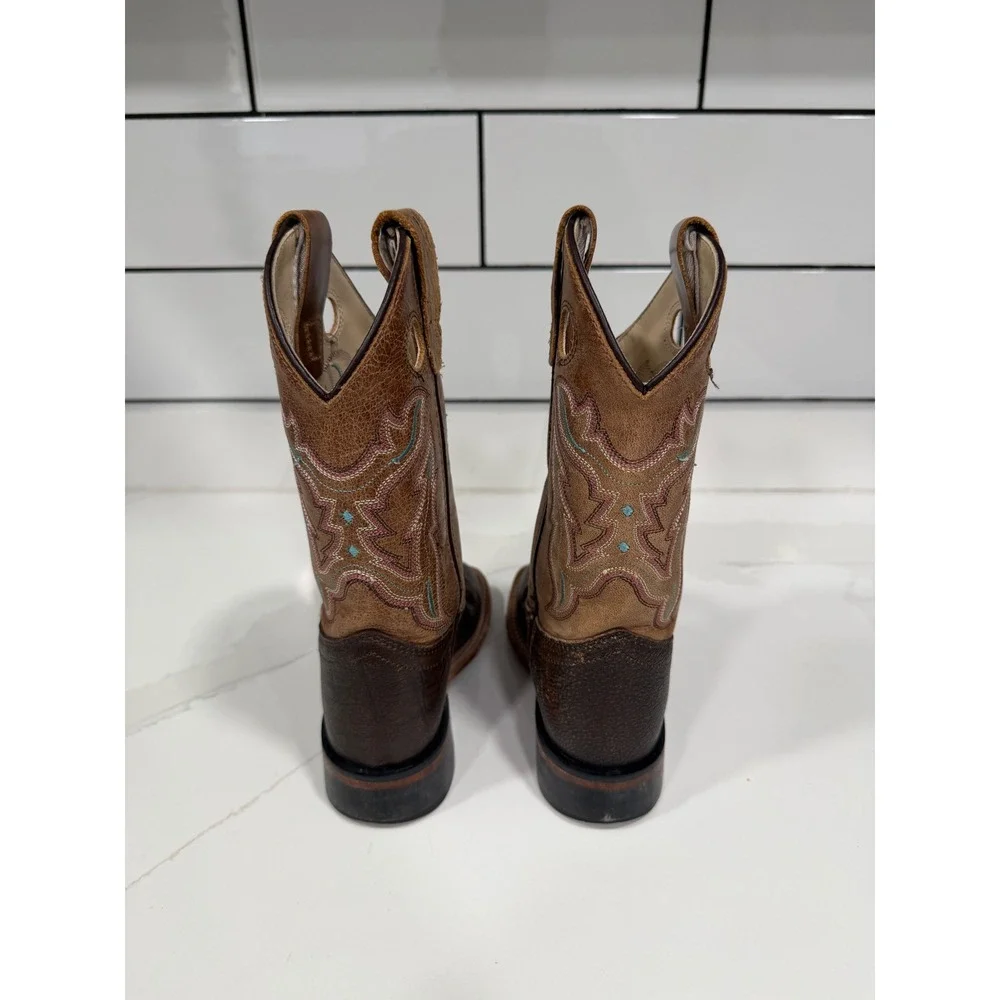 Old West Kids Brown Leather Square Toe Western Cowboy Boots BSC1819 Size 10.5 D